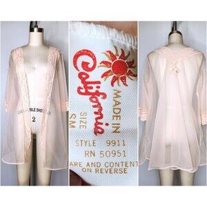 60s Pink Bed Jacket Boudoir Lingerie Pink Nylon & LACE Tent Style Oversized S/M